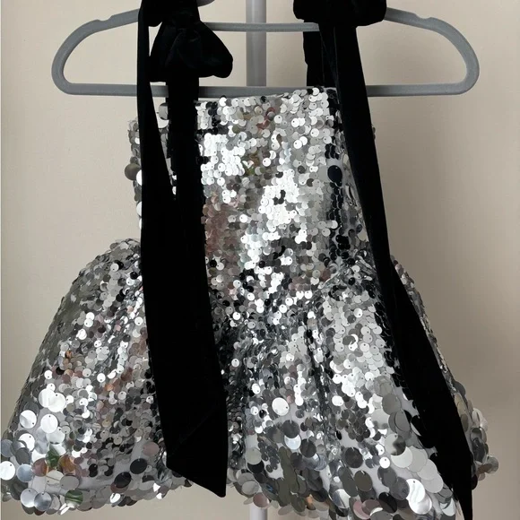 Miss Balykina Sequins Holiday Dress Black Bows Silver Girl Sz 5 Y.O. - Picture 2 of 10